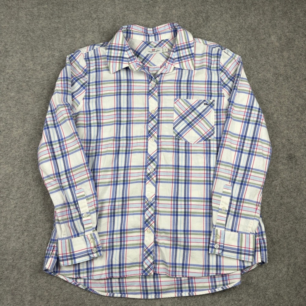 Vineyard Vines Button Down Girls 14 White Blue Pink Plaid Long Sleeve Whale Logo